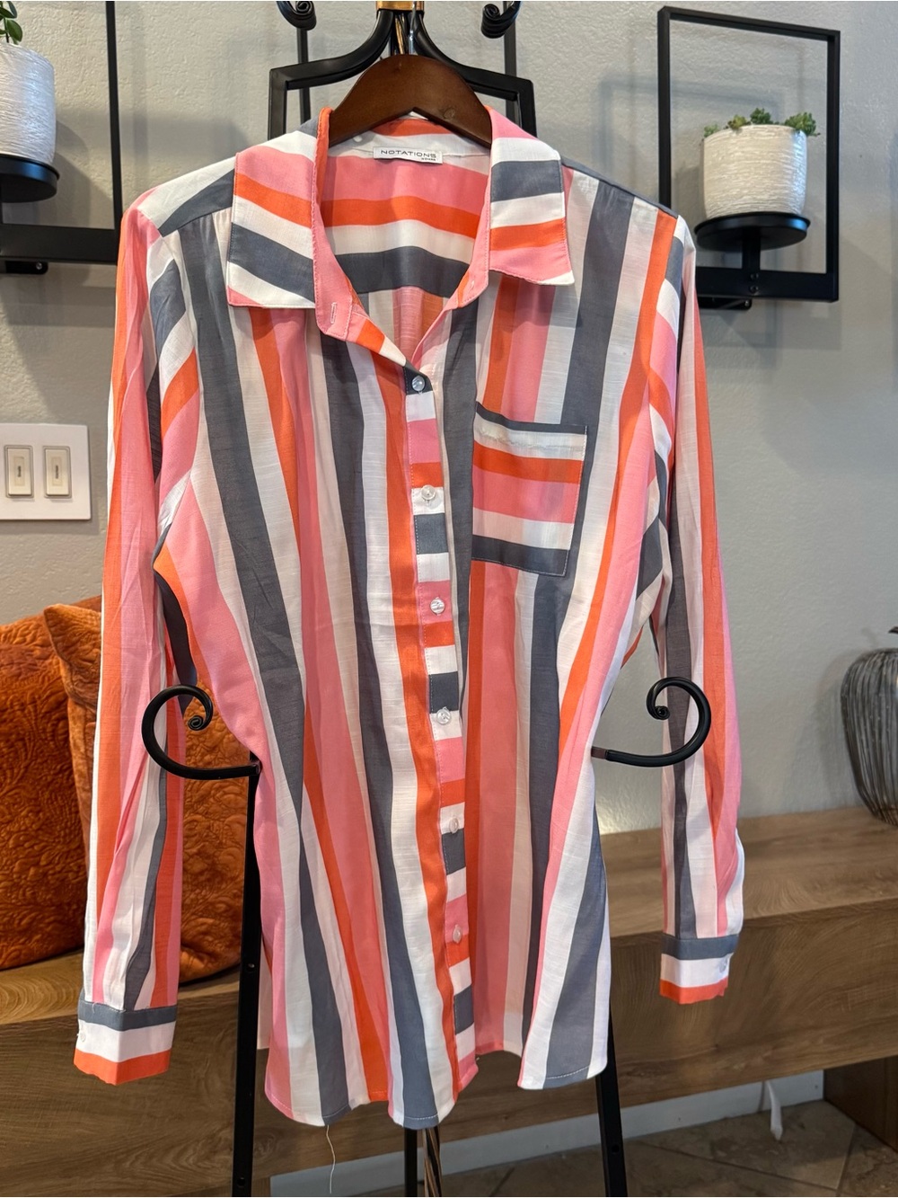 Notations Coral Pink and Gray Vertical Stripe Button-Down Shirt